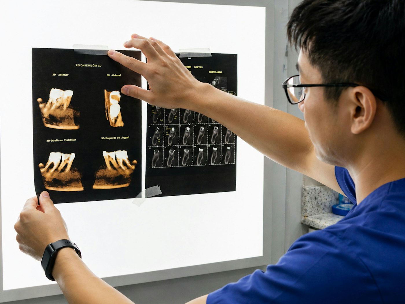 A dentist pointing at x-rays on a light board